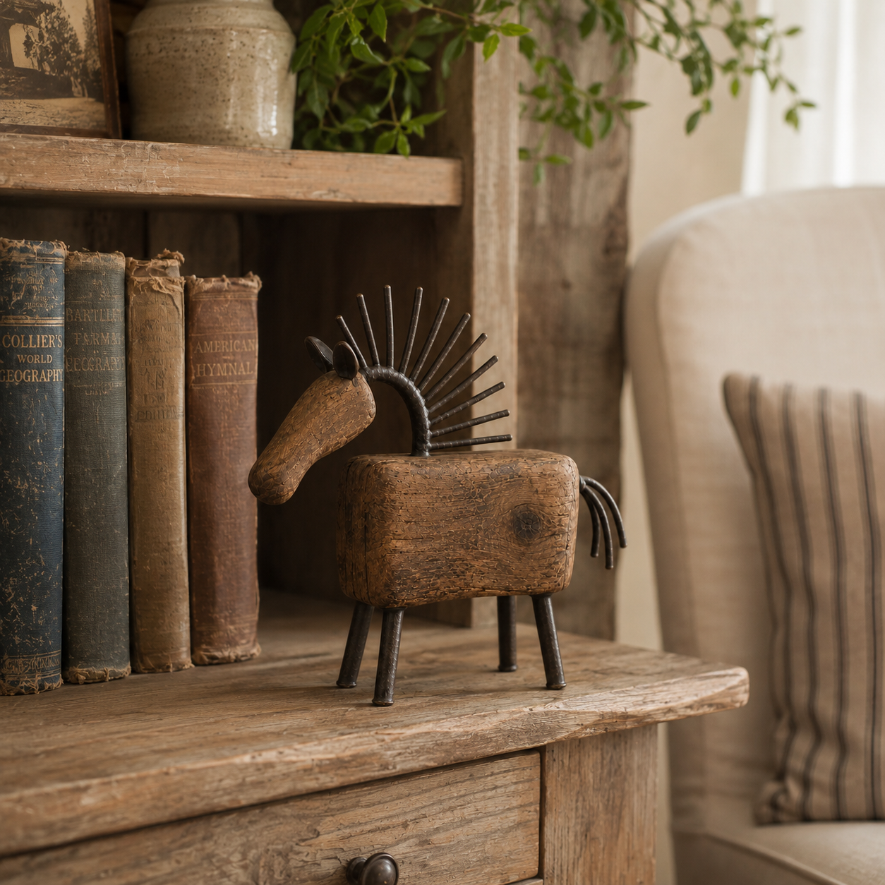 Vintage Primitive Wood & Metal Horse Sculpture-HandPrint