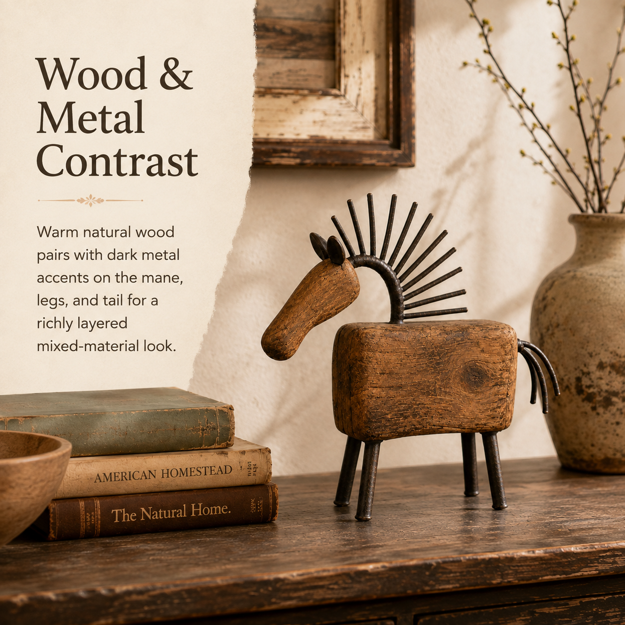 Vintage Primitive Wood & Metal Horse Sculpture-HandPrint