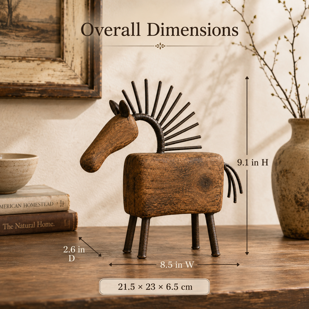 Vintage Primitive Wood & Metal Horse Sculpture-HandPrint