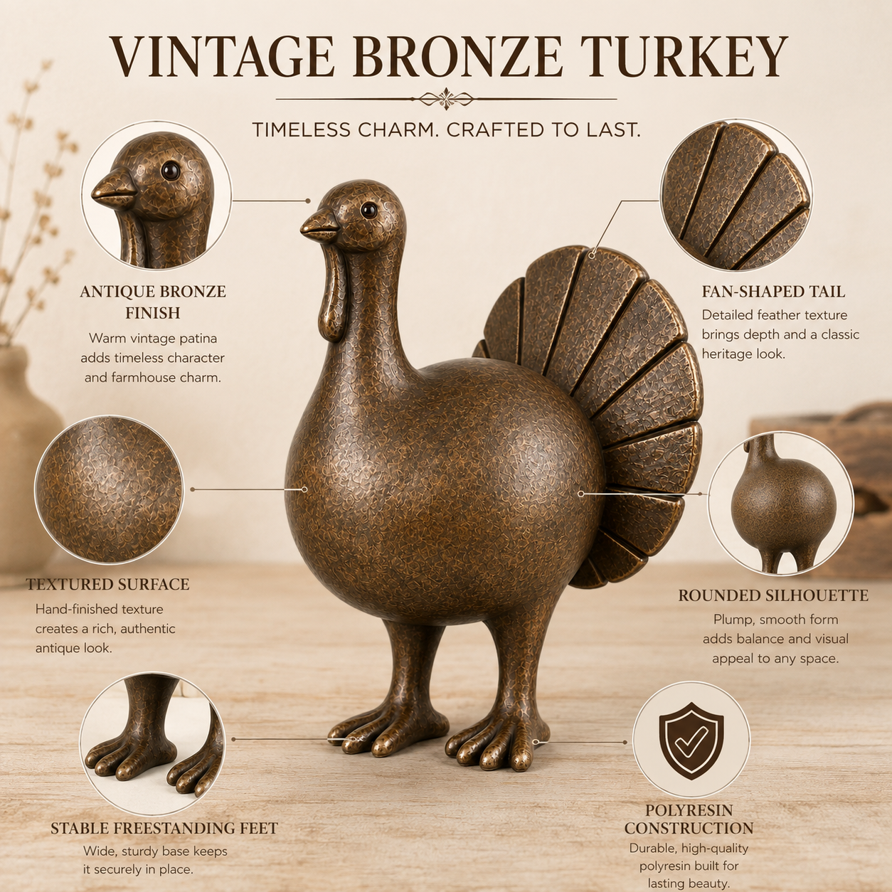 Vintage Bronze Turkey Figurine-HandPrint