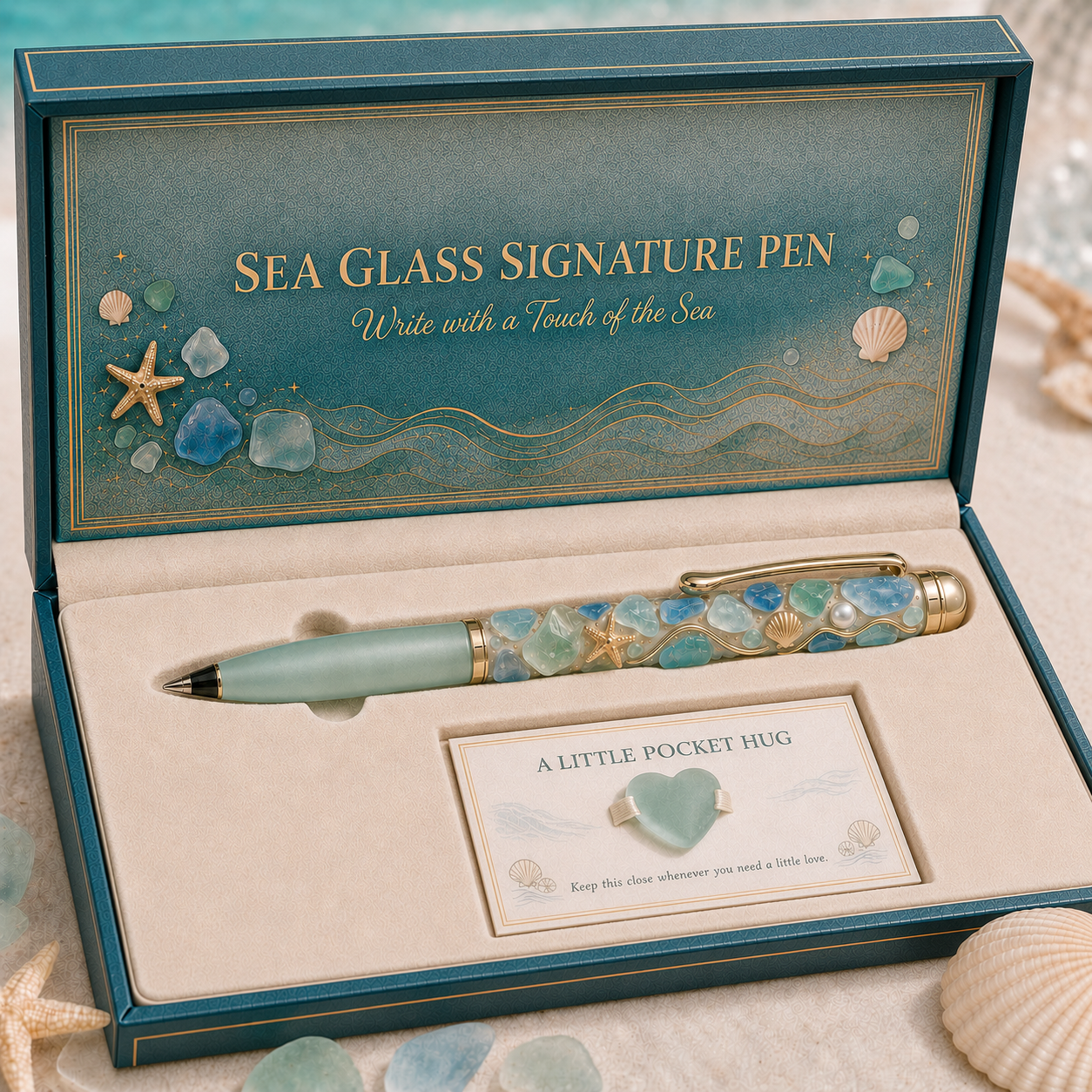 🎁 Sea Glass Signature Pen Gift Set with Pocket Hug-HandPrint
