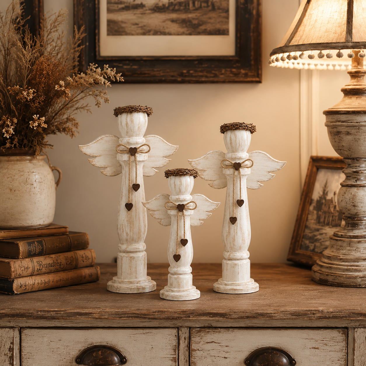 Vintage Wooden Angel Trio Figurines-HandPrint