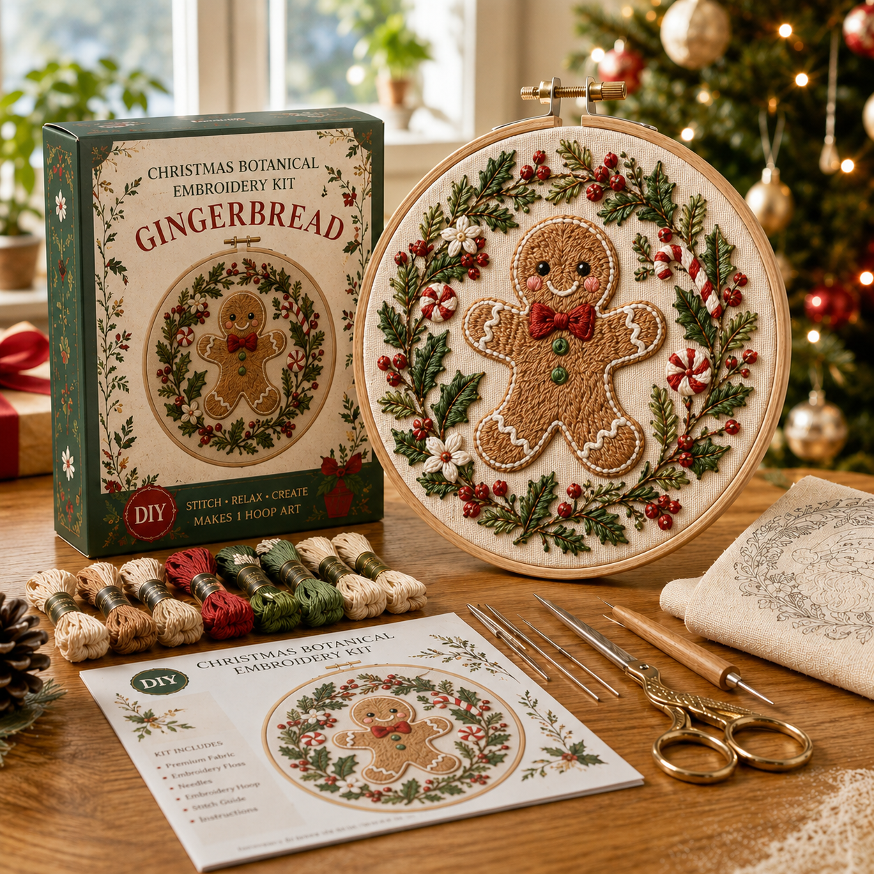 🎄 Christmas Botanical Embroidery Kit – Festive DIY Hoop Art Collection-HandPrint