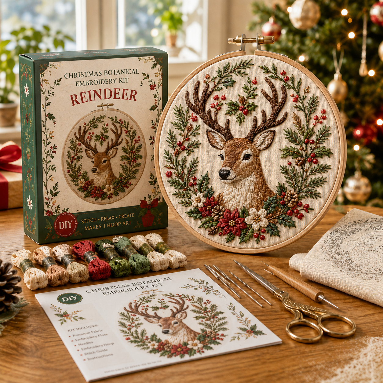 🎄 Christmas Botanical Embroidery Kit – Festive DIY Hoop Art Collection-HandPrint