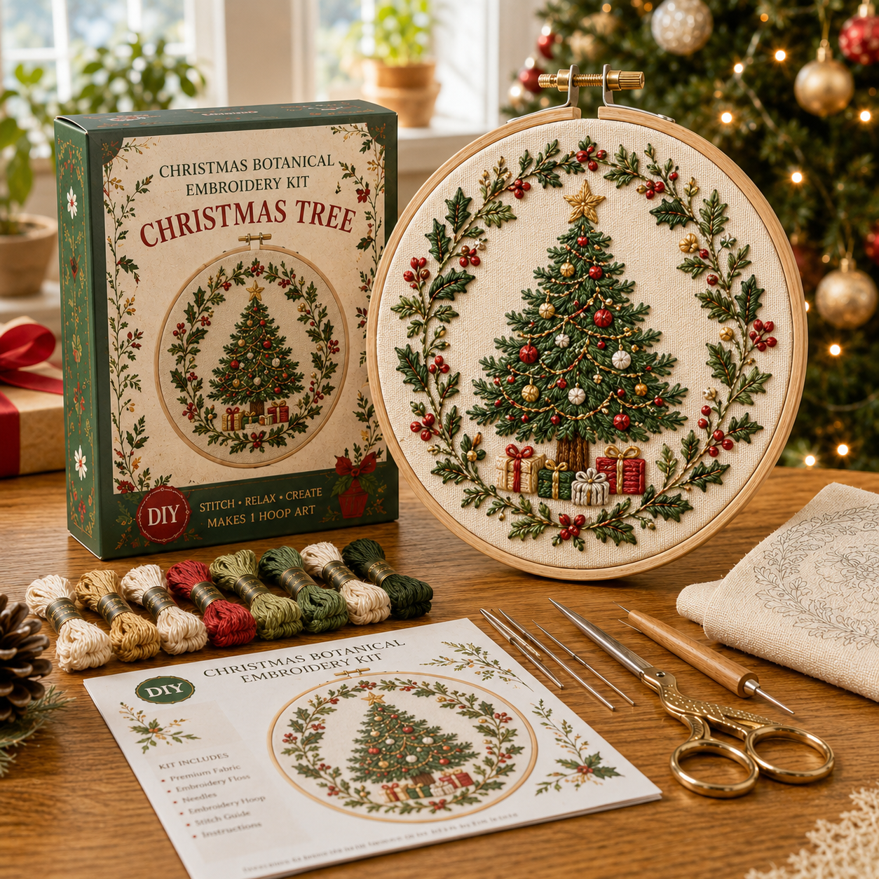 🎄 Christmas Botanical Embroidery Kit – Festive DIY Hoop Art Collection-HandPrint
