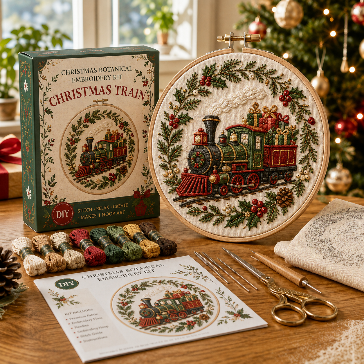 🎄 Christmas Botanical Embroidery Kit – Festive DIY Hoop Art Collection-HandPrint