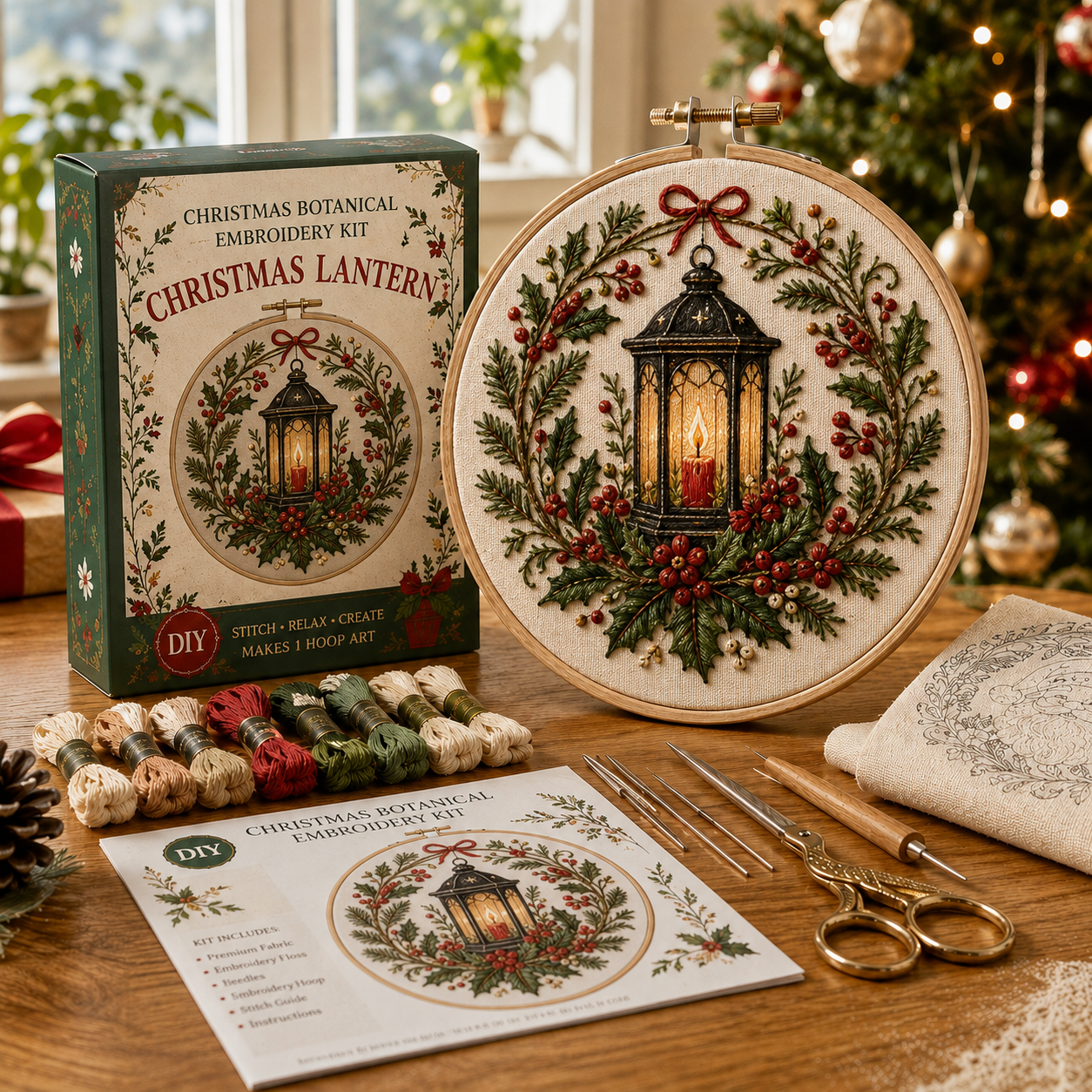 🎄 Christmas Botanical Embroidery Kit – Festive DIY Hoop Art Collection-HandPrint
