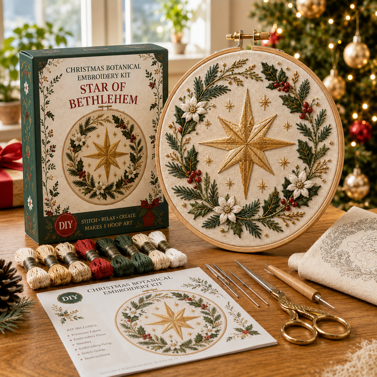 🎄 Christmas Botanical Embroidery Kit – Festive DIY Hoop Art Collection-HandPrint
