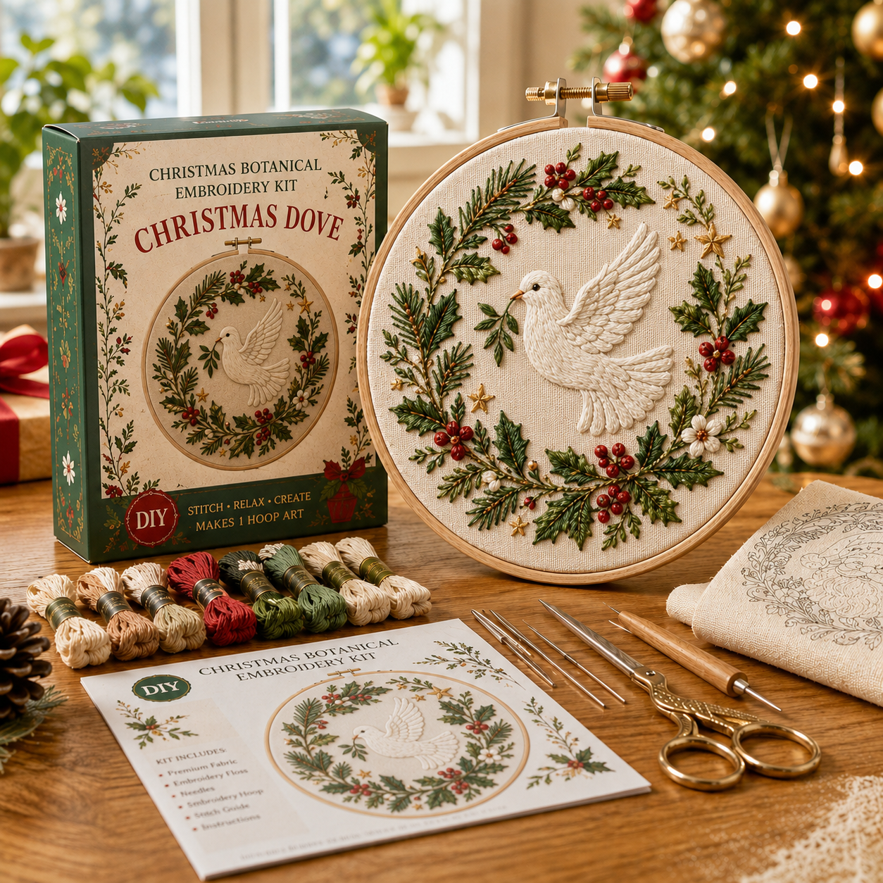 🎄 Christmas Botanical Embroidery Kit – Festive DIY Hoop Art Collection-HandPrint