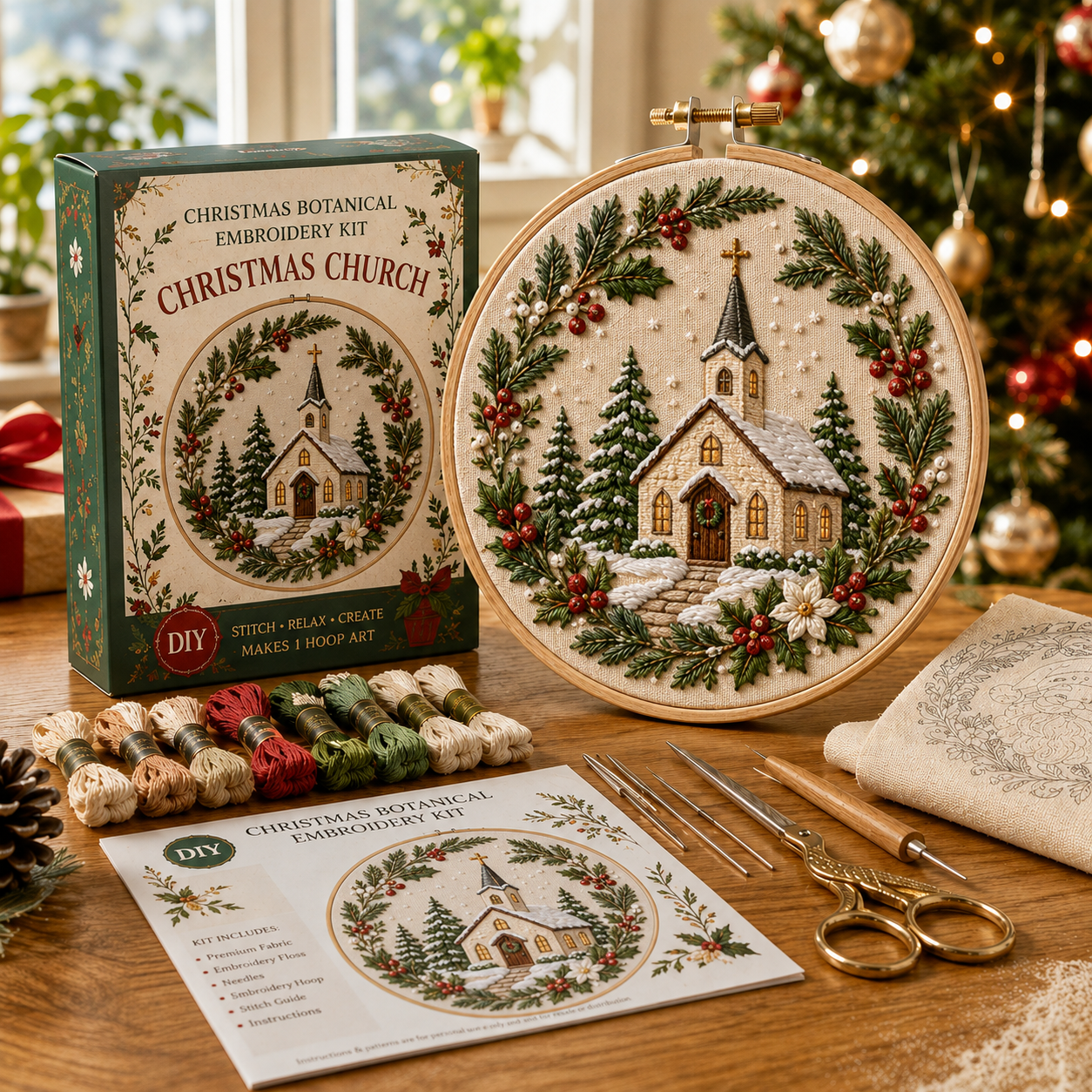 🎄 Christmas Botanical Embroidery Kit – Festive DIY Hoop Art Collection-HandPrint