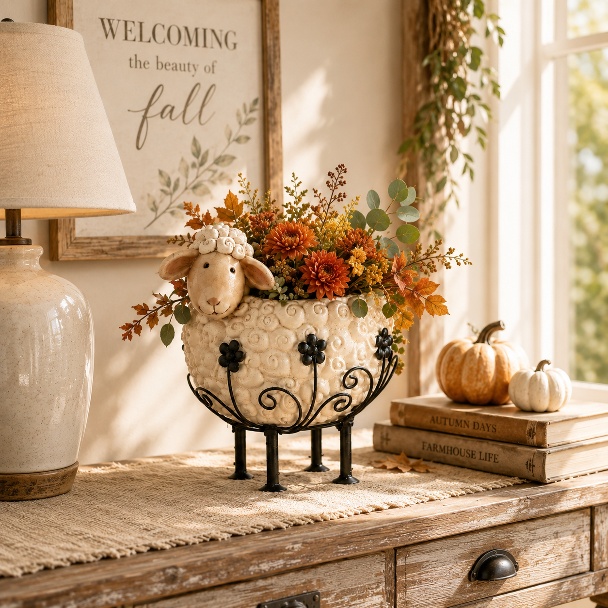 Cute Farmhouse Sheep Planter with Iron Stand-HandPrint