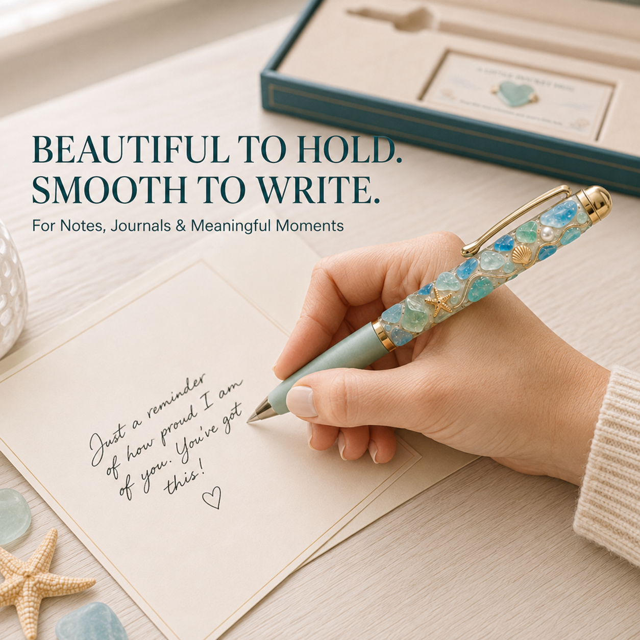 🎁 Sea Glass Signature Pen Gift Set with Pocket Hug-HandPrint
