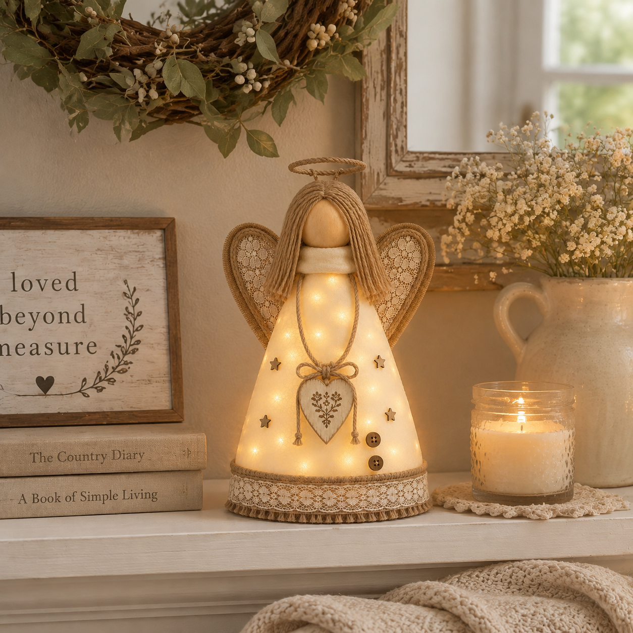 Rustic Angel Table Lamp with Warm LED Lights-HandPrint