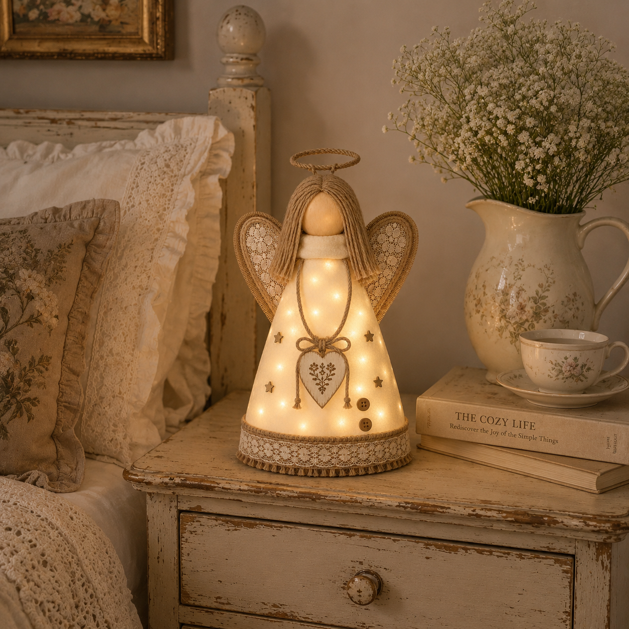Rustic Angel Table Lamp with Warm LED Lights-HandPrint