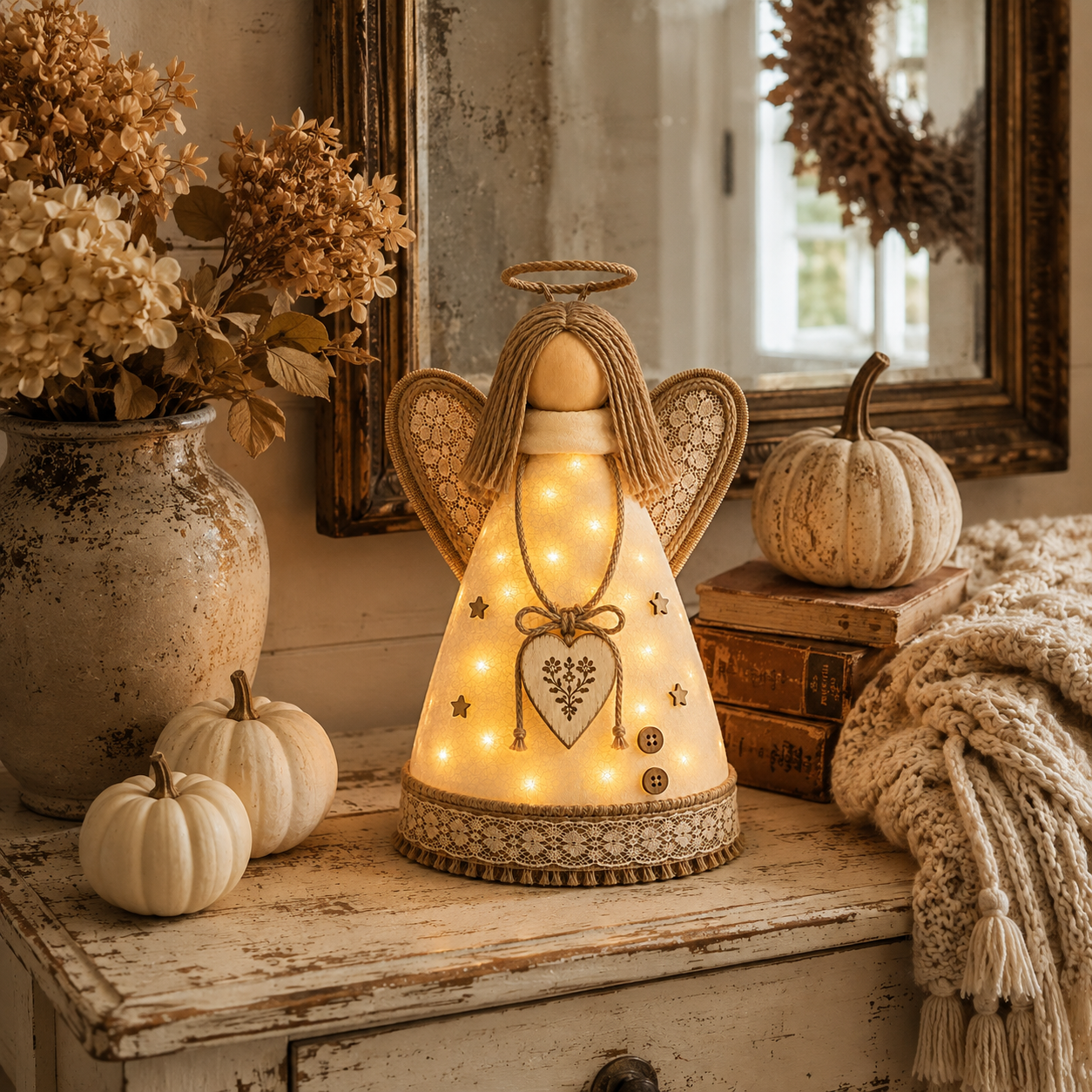 Rustic Angel Table Lamp with Warm LED Lights-HandPrint