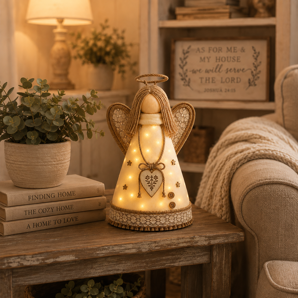 Rustic Angel Table Lamp with Warm LED Lights-HandPrint