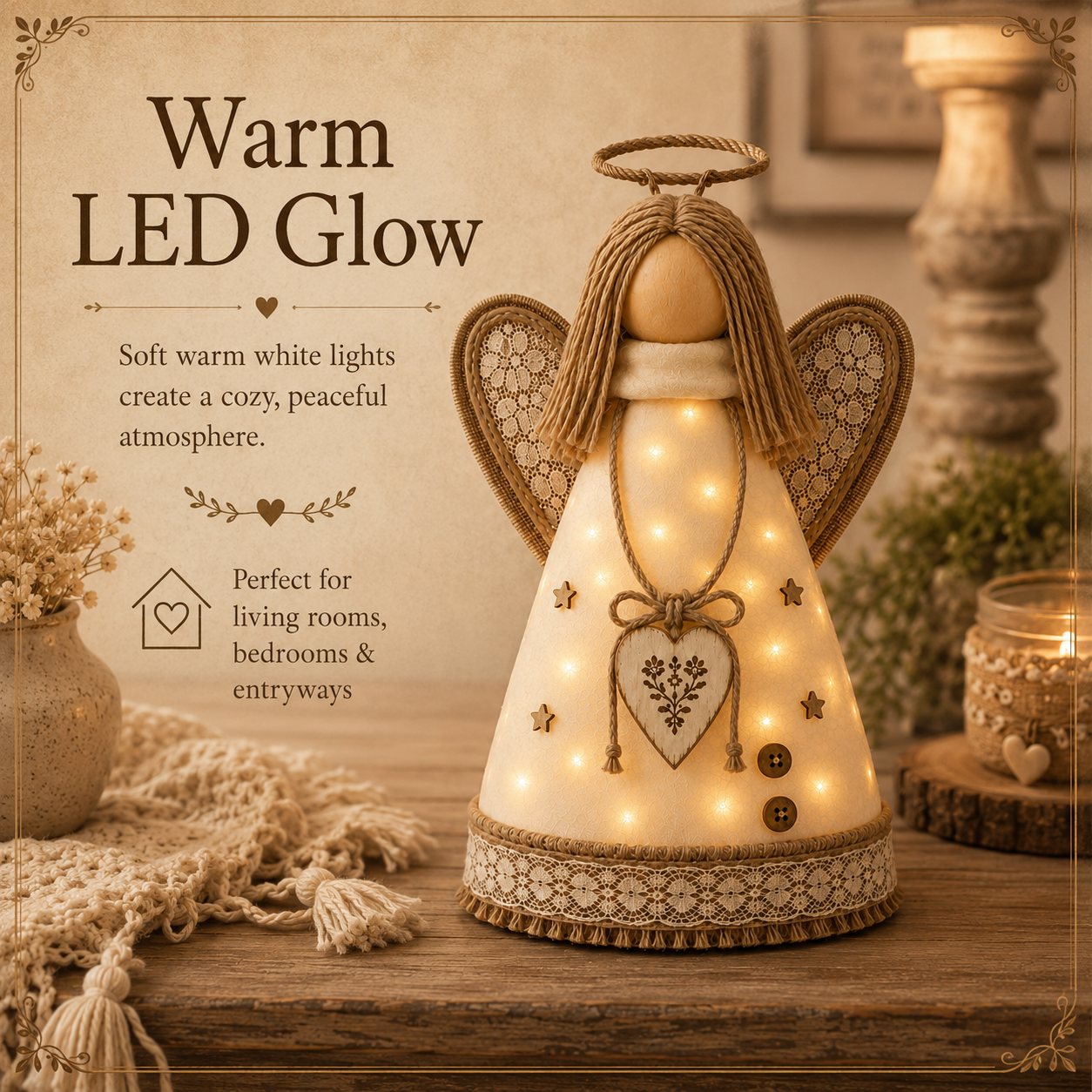 Rustic Angel Table Lamp with Warm LED Lights-HandPrint