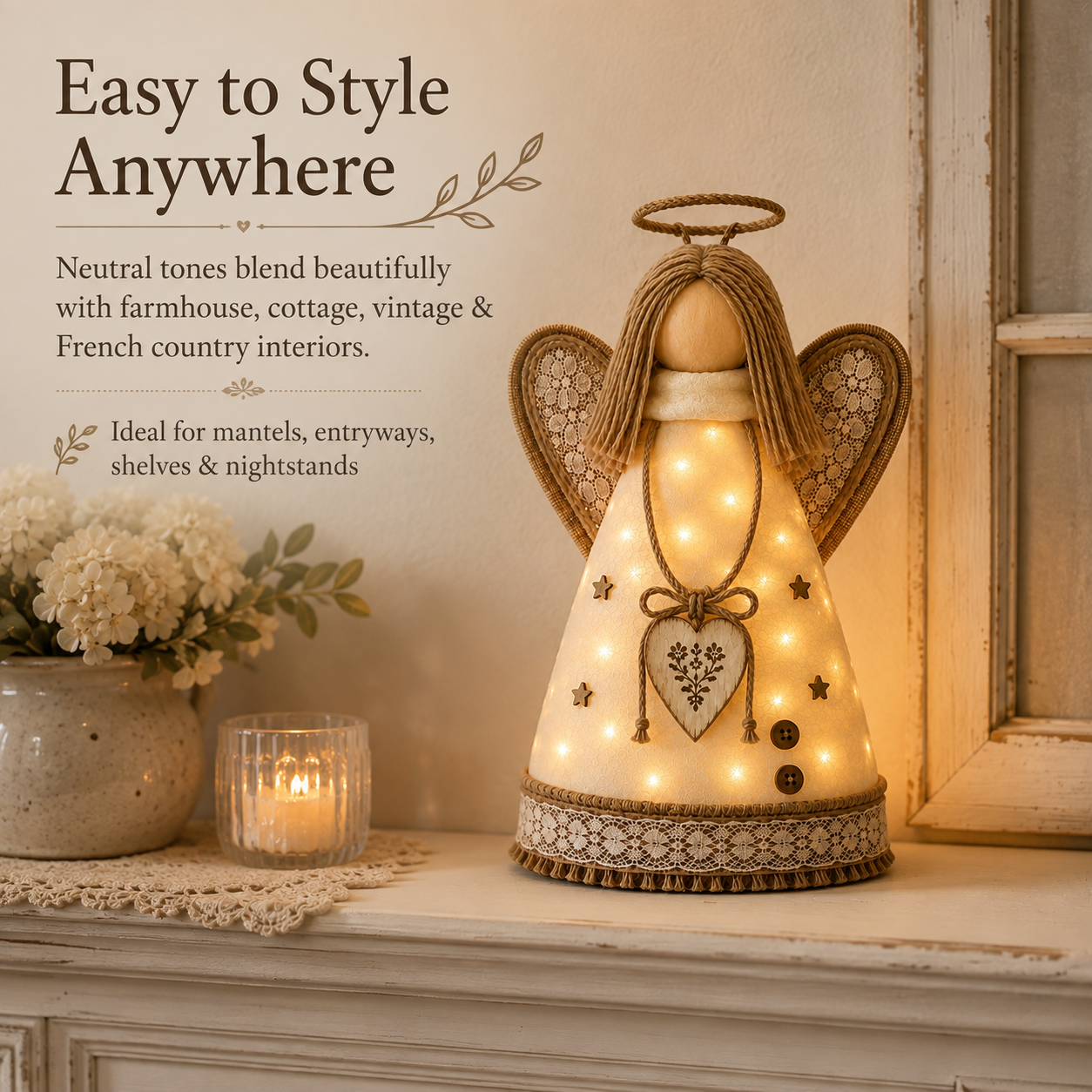 Rustic Angel Table Lamp with Warm LED Lights-HandPrint