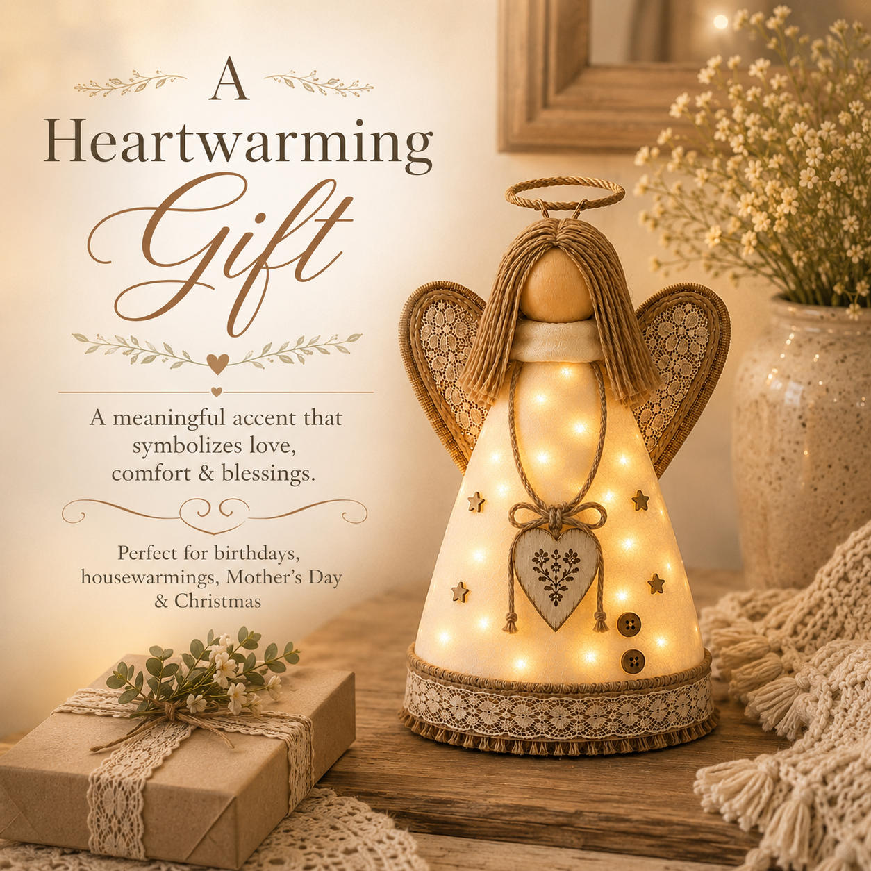 Rustic Angel Table Lamp with Warm LED Lights-HandPrint