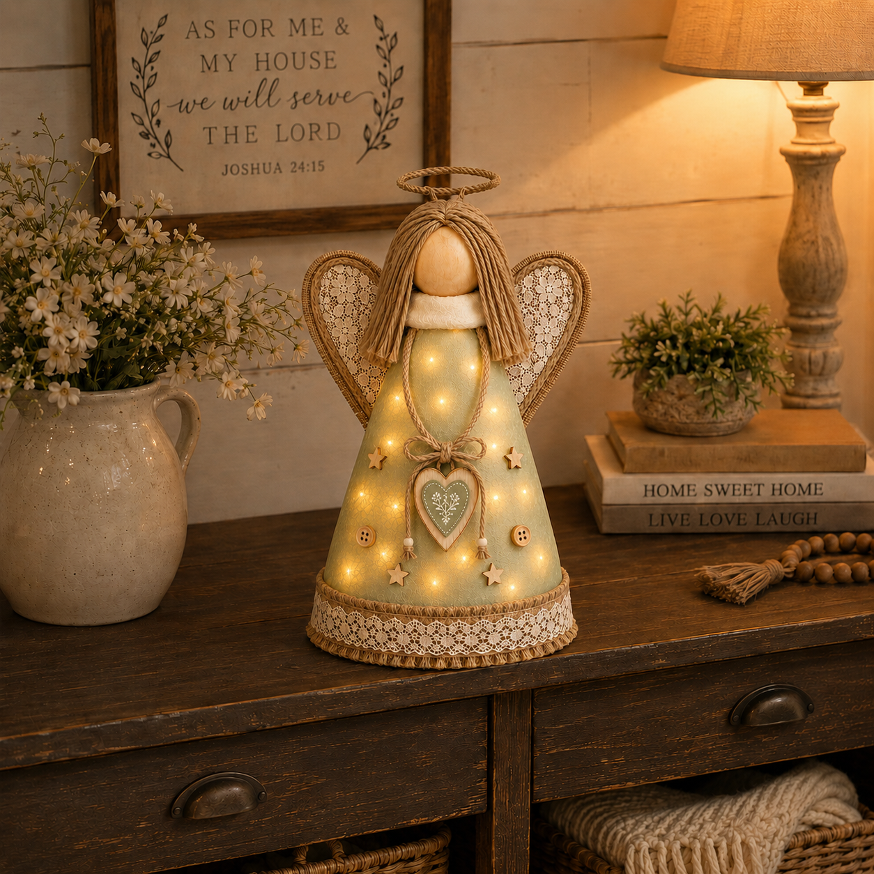 Rustic Angel Table Lamp with Warm LED Lights-HandPrint
