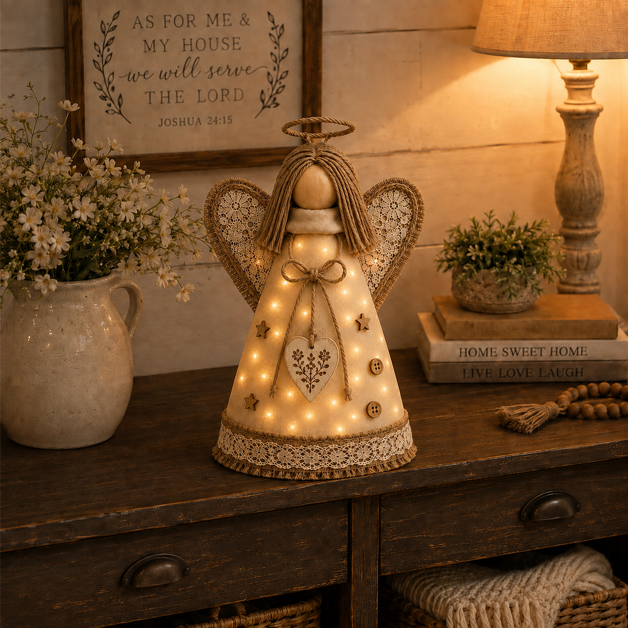 Rustic Angel Table Lamp with Warm LED Lights-HandPrint