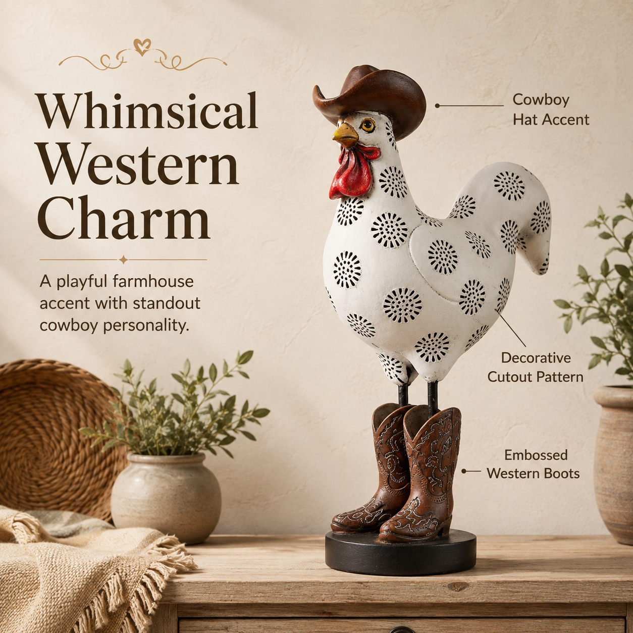 Vintage Cowboy Rooster Sculpture-HandPrint