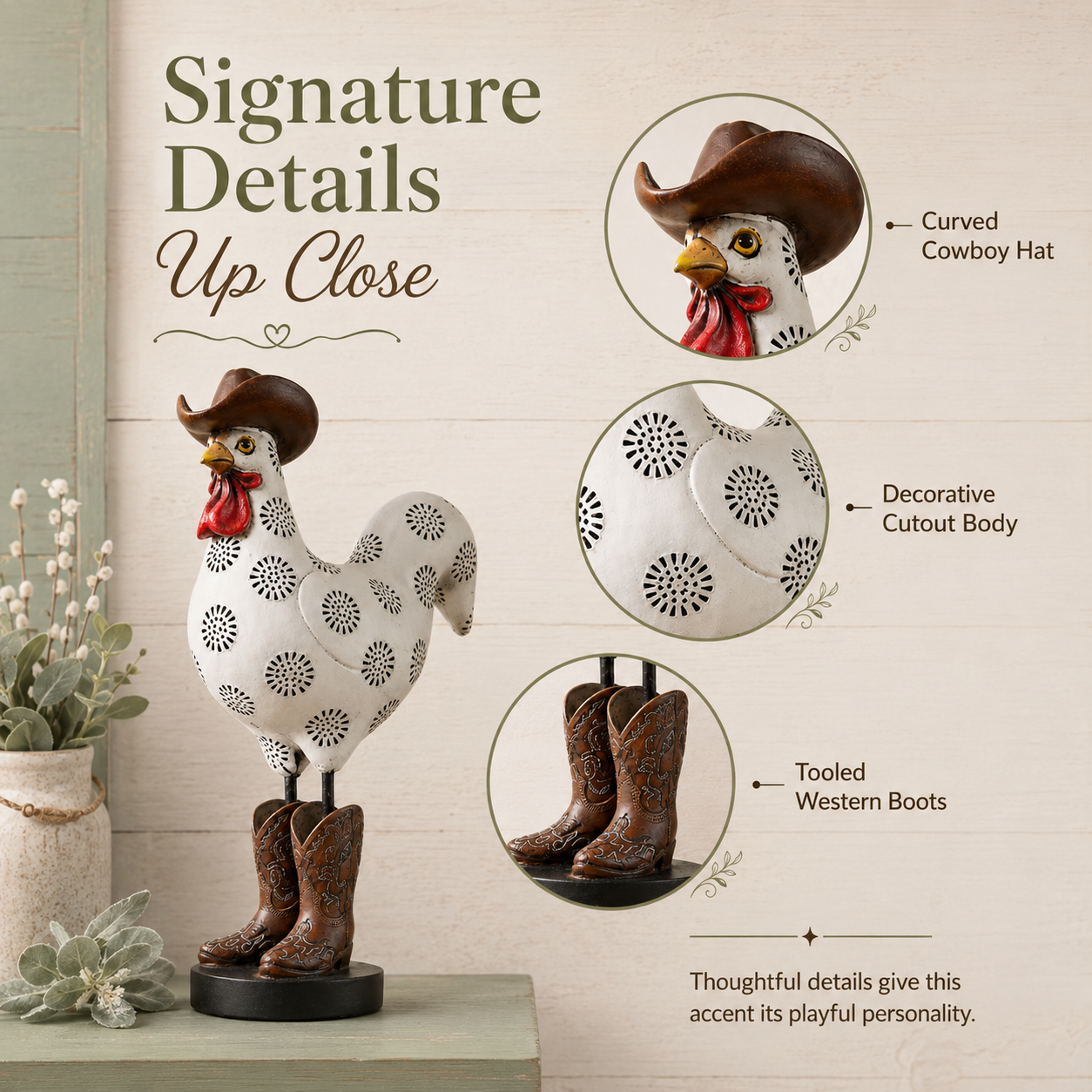 Vintage Cowboy Rooster Sculpture-HandPrint