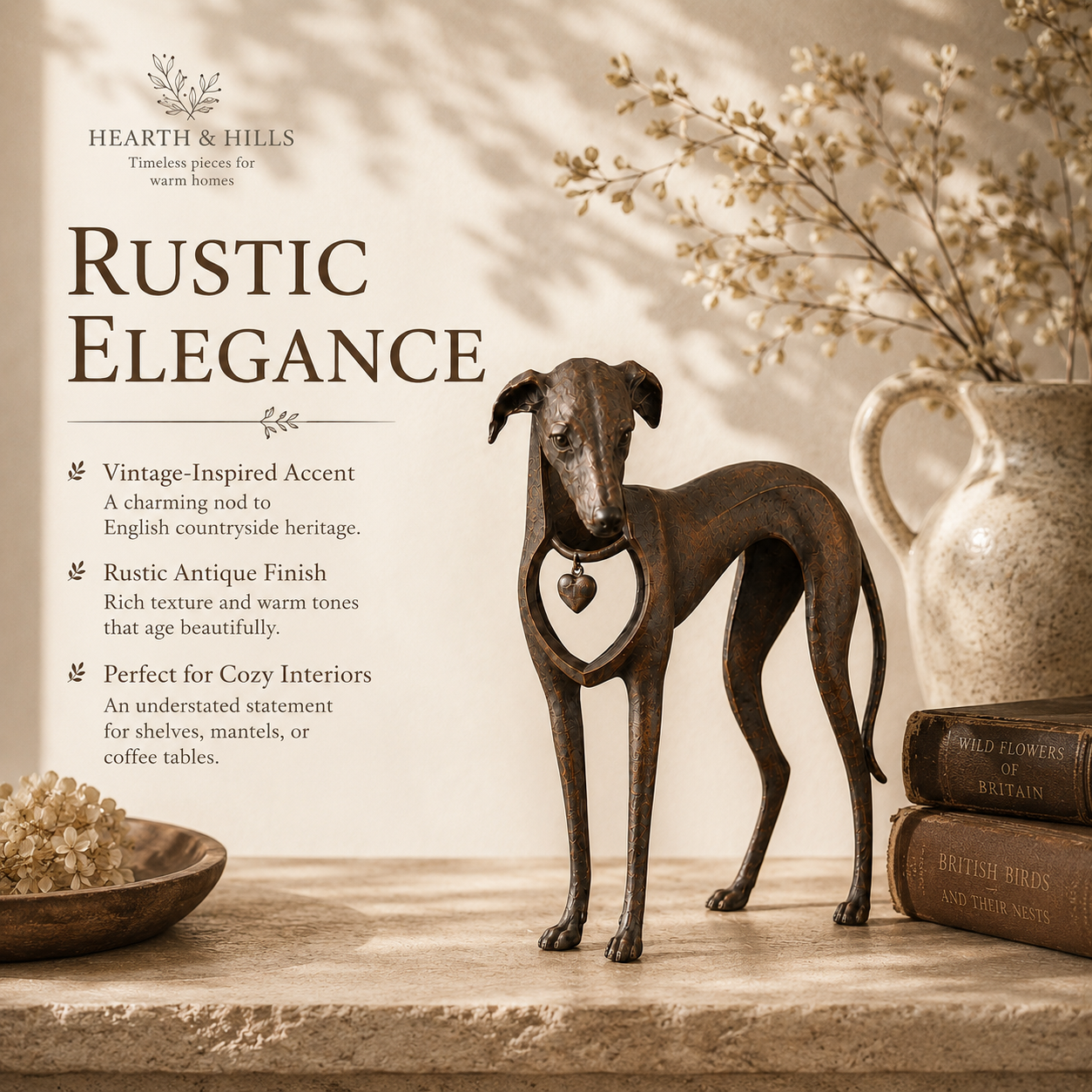 Heritage Heart Sighthound Sculpture – Vintage Iron Dog Accent for Timeless Interiors-HandPrint