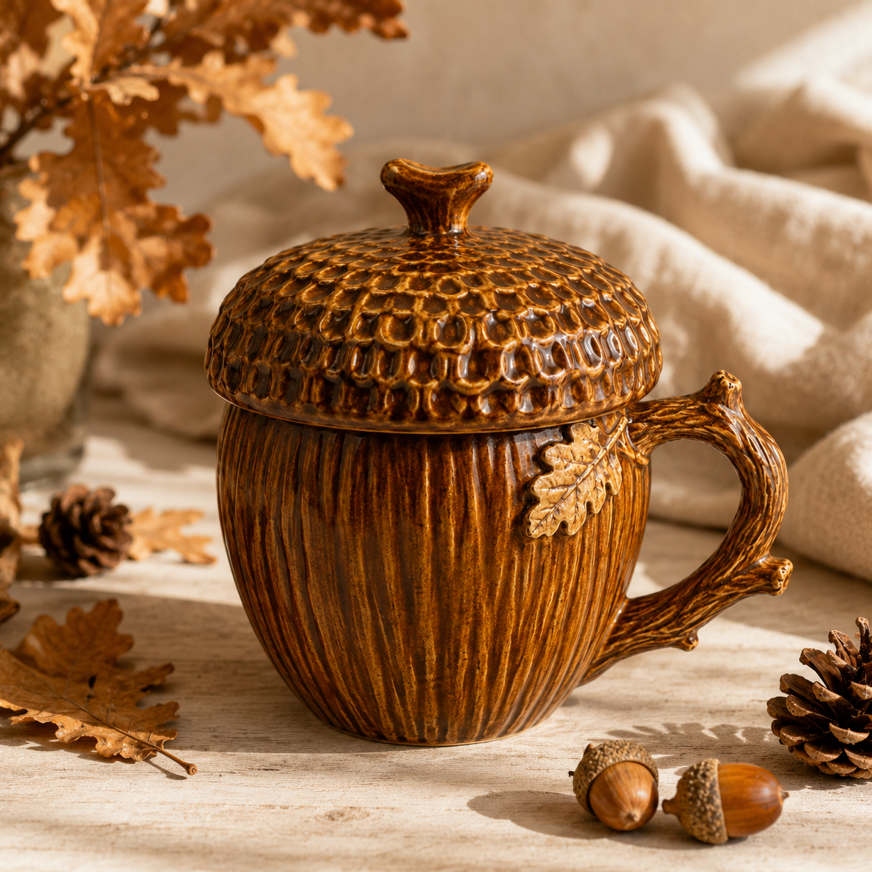Acorn Lidded Mug with Oak Leaf & Branch Handle-HandPrint