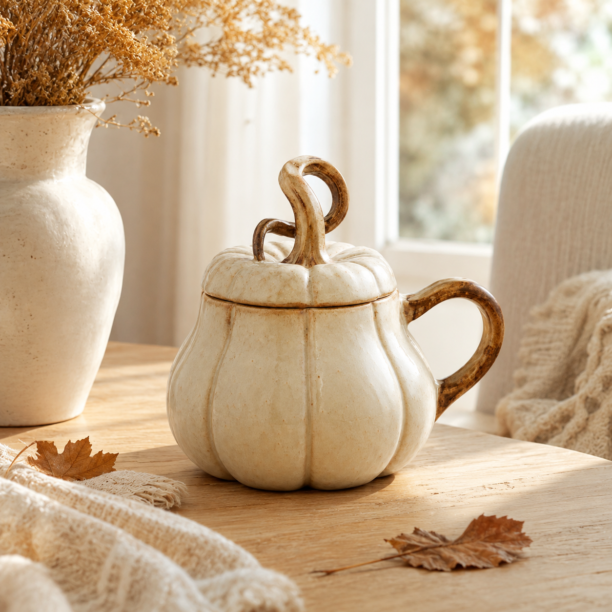Acorn Lidded Mug with Oak Leaf & Branch Handle-HandPrint