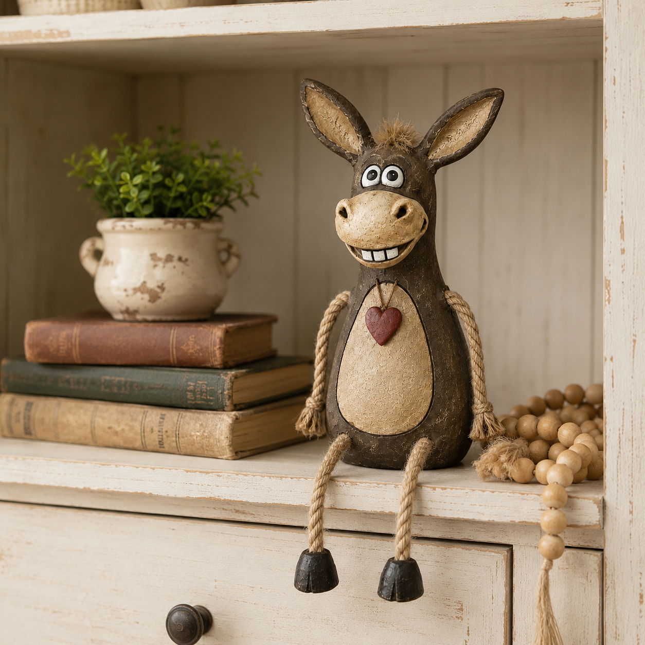 Rustic Donkey Shelf Sitter Figurine with Dangling Rope Legs-HandPrint