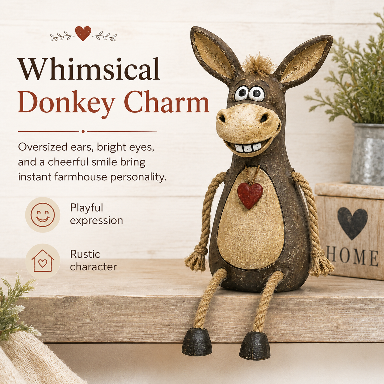 Rustiek figuurtje van een ezel op een plank met hangende touwbenen-HandPrint