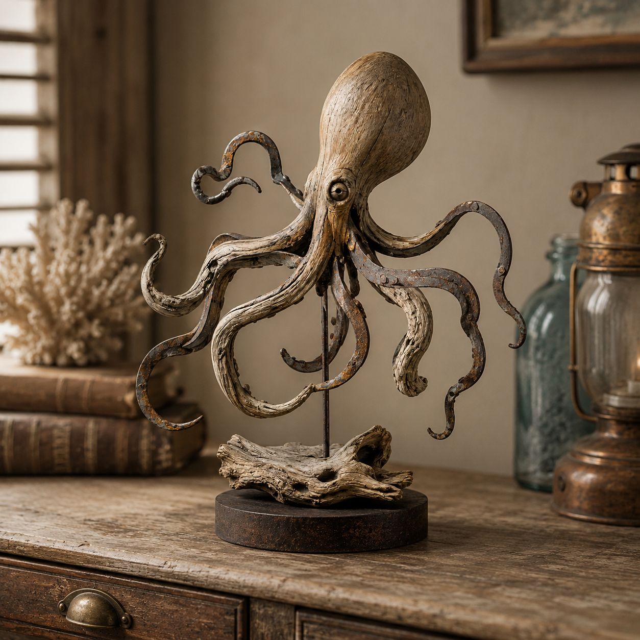 Vintage Coastal Octopus Sculpture – Nautical Accent for Shelf, Desk & Entryway-HandPrint