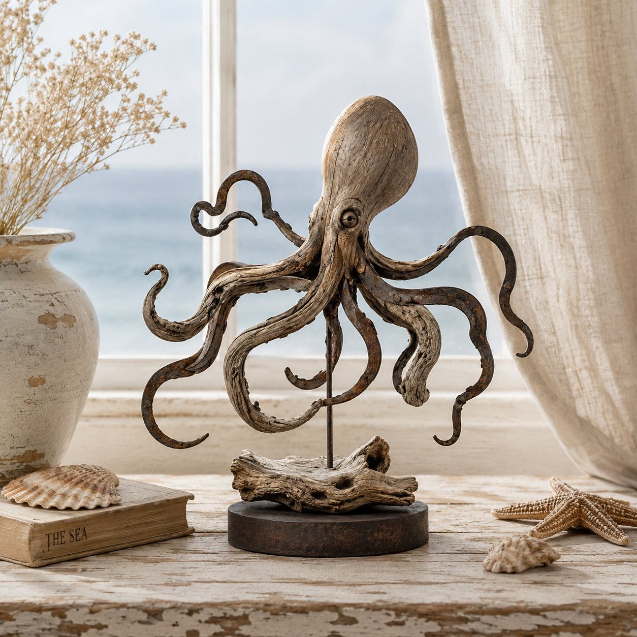 Vintage Coastal Octopus Sculpture – Nautical Accent for Shelf, Desk & Entryway-HandPrint