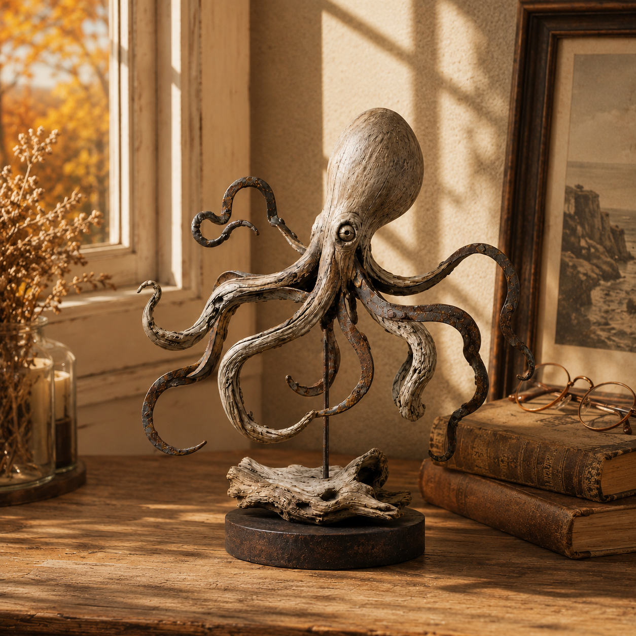 Vintage Coastal Octopus Sculpture – Nautical Accent for Shelf, Desk & Entryway-HandPrint