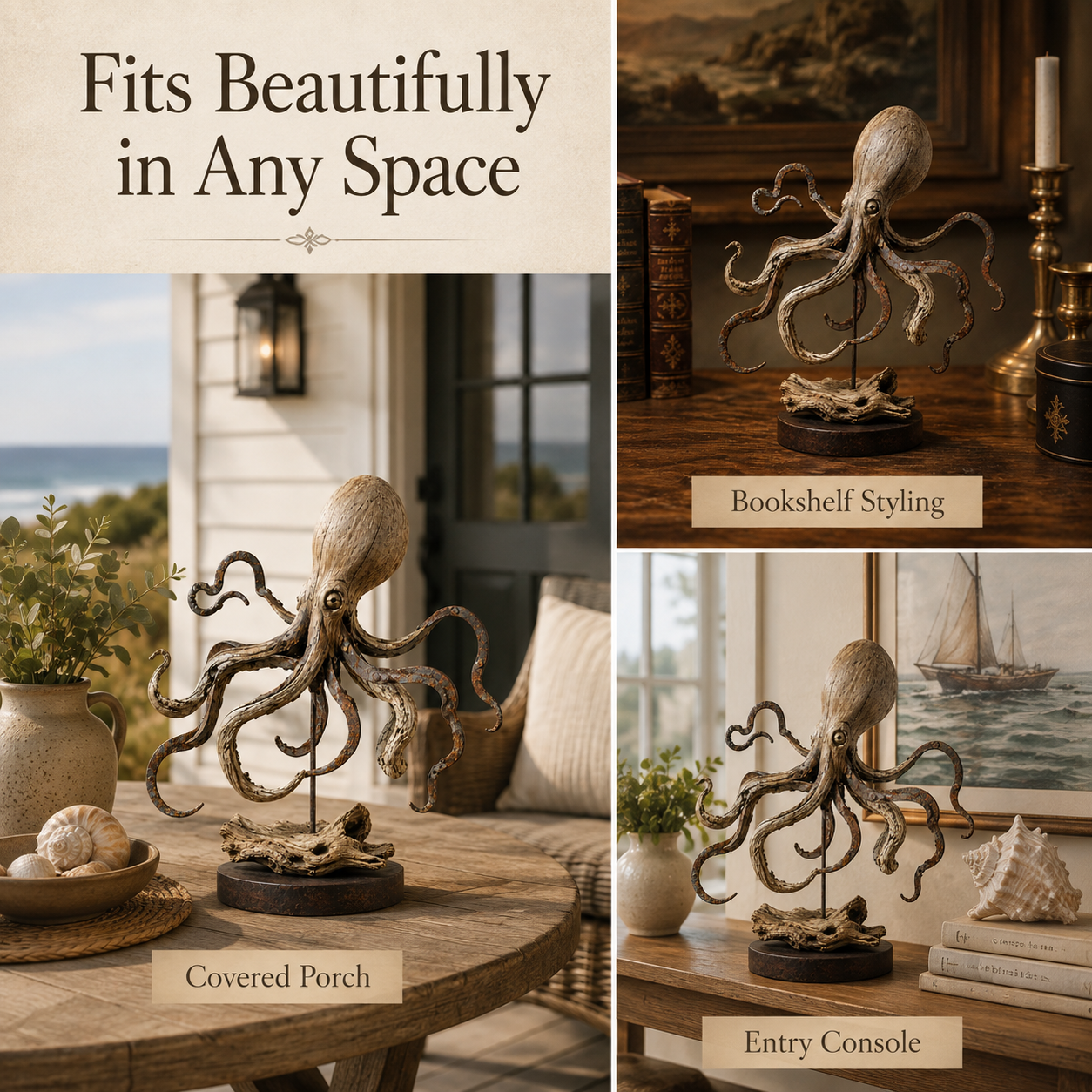 Vintage Coastal Octopus Sculpture – Nautical Accent for Shelf, Desk & Entryway-HandPrint