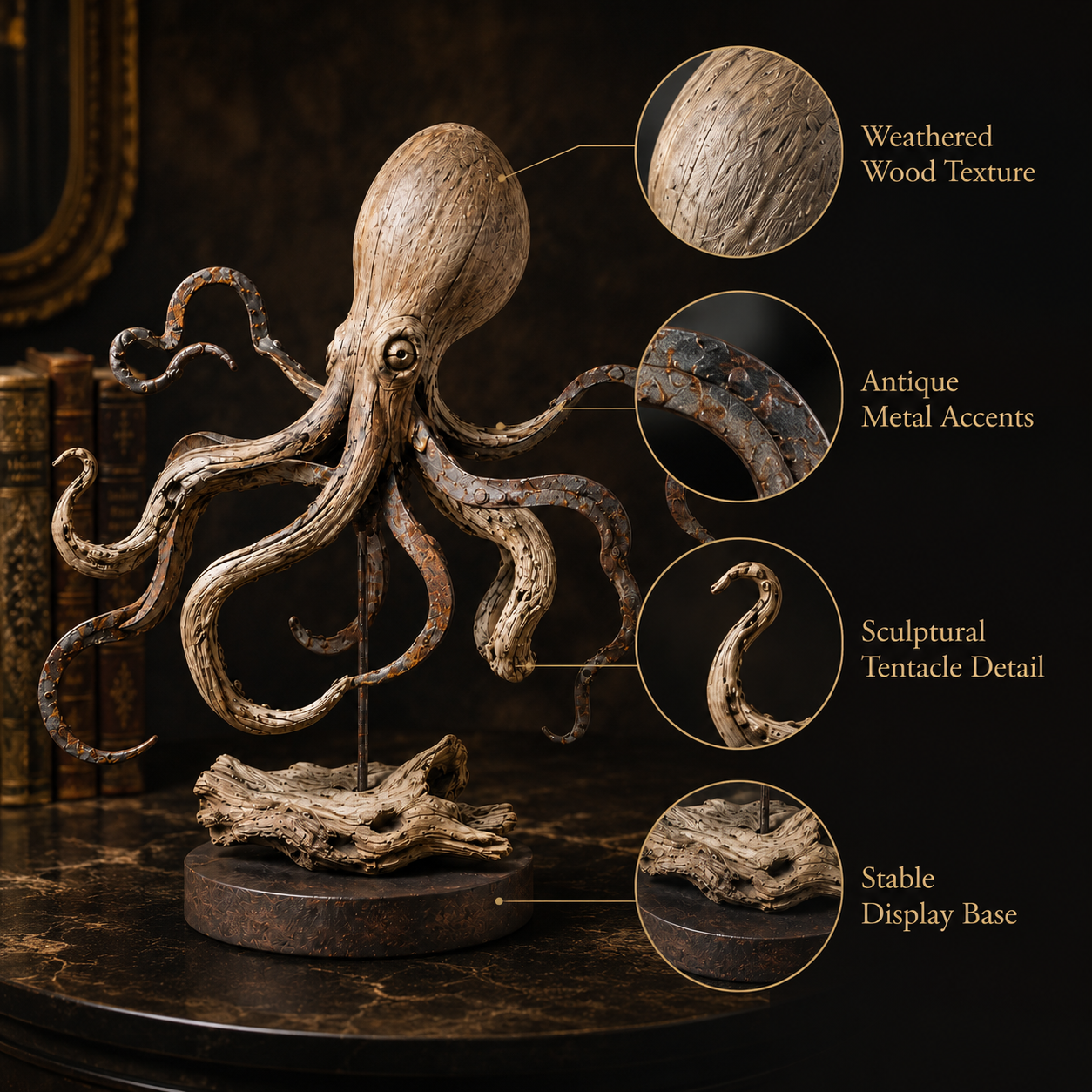 Vintage Coastal Octopus Sculpture – Nautical Accent for Shelf, Desk & Entryway-HandPrint
