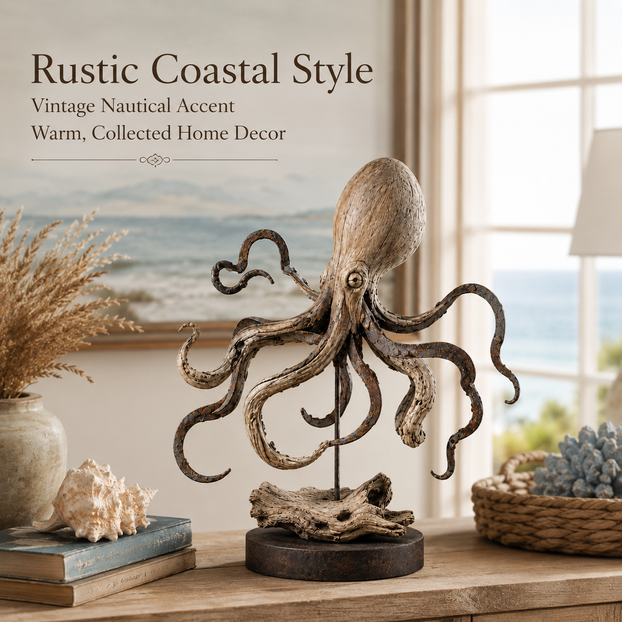 Vintage Coastal Octopus Sculpture – Nautical Accent for Shelf, Desk & Entryway-HandPrint