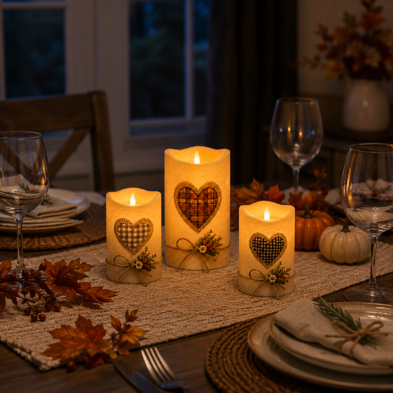 Cozy Harvest Heart LED Candle Trio – Remote-Controlled Autumn Décor-HandPrint