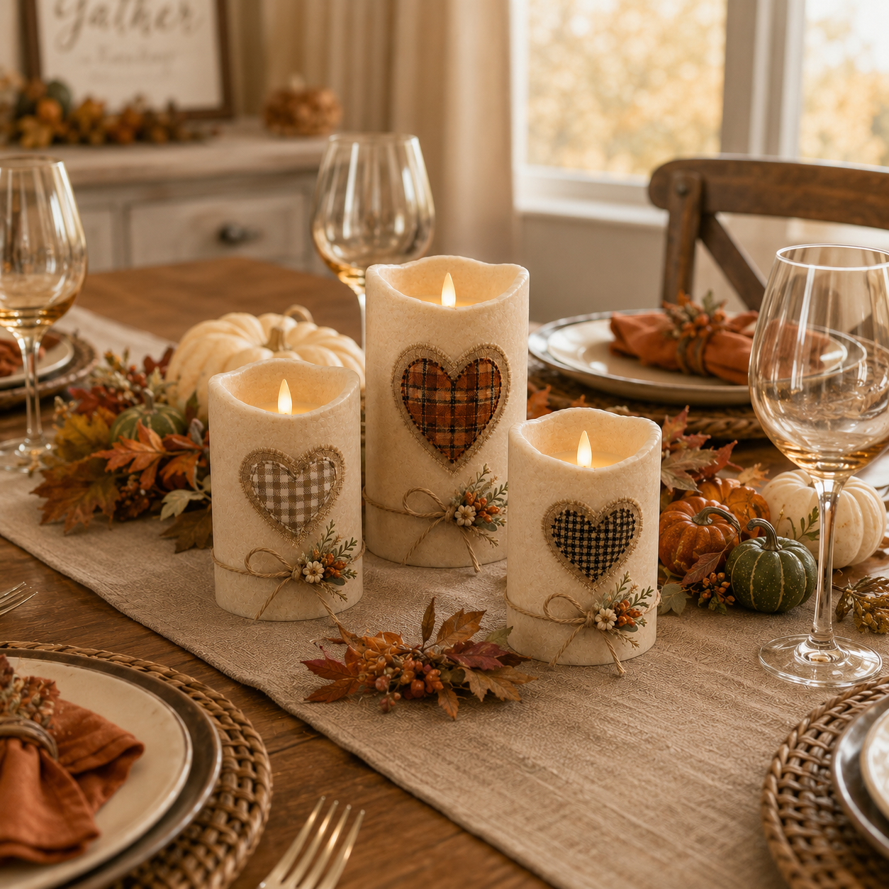 Cozy Harvest Heart LED Candle Trio – Remote-Controlled Autumn Décor-HandPrint