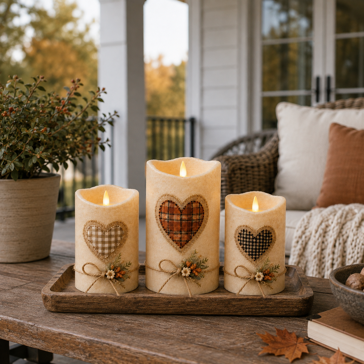 Cozy Harvest Heart LED Candle Trio – Remote-Controlled Autumn Décor-HandPrint