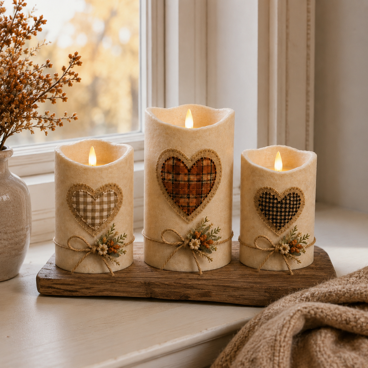 Cozy Harvest Heart LED Candle Trio – Remote-Controlled Autumn Décor-HandPrint