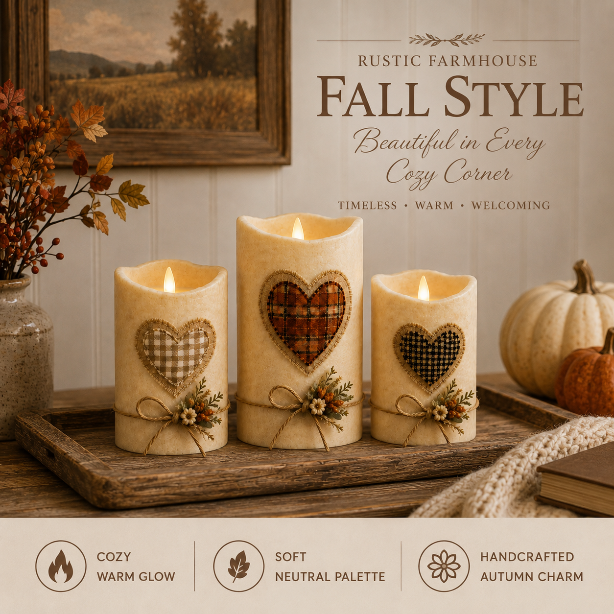 Cozy Harvest Heart LED Candle Trio – Remote-Controlled Autumn Décor-HandPrint
