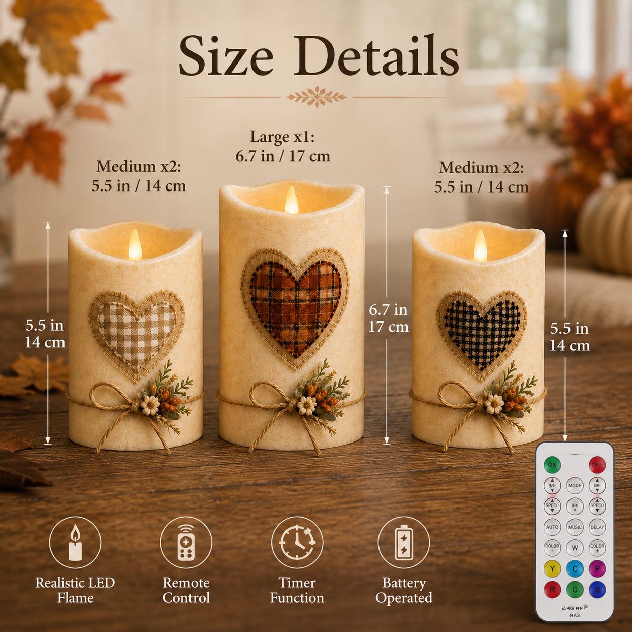 Cozy Harvest Heart LED Candle Trio – Remote-Controlled Autumn Décor-HandPrint