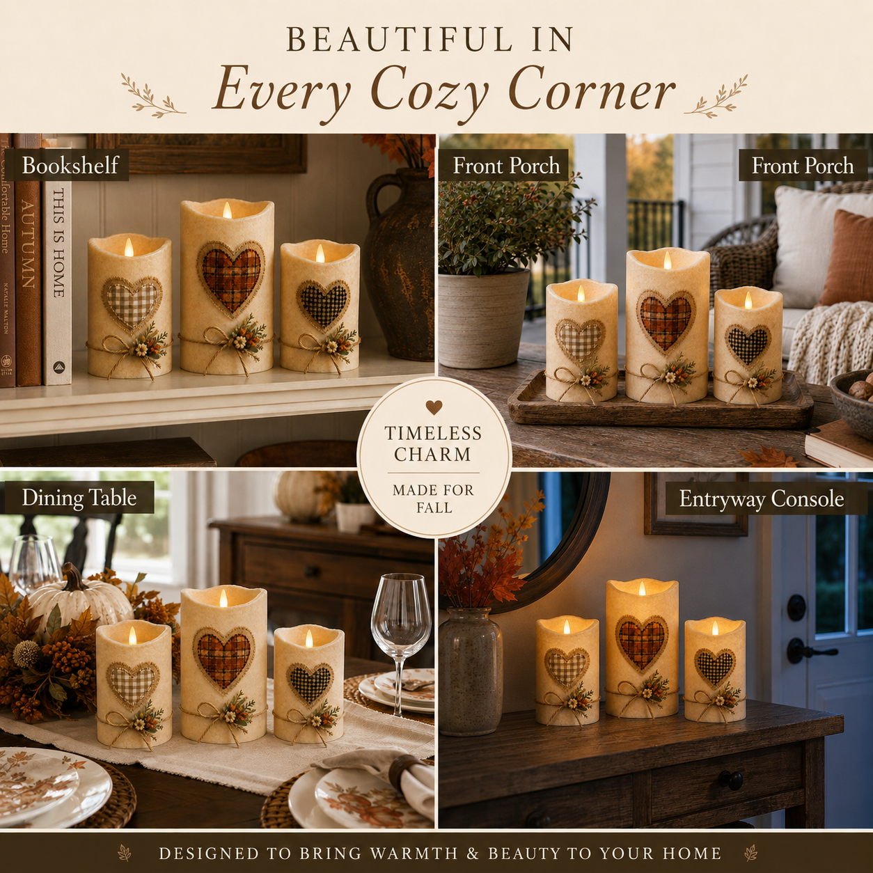 Cozy Harvest Heart LED Candle Trio – Remote-Controlled Autumn Décor-HandPrint