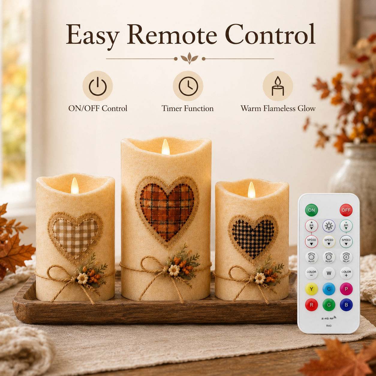 Cozy Harvest Heart LED Candle Trio – Remote-Controlled Autumn Décor-HandPrint