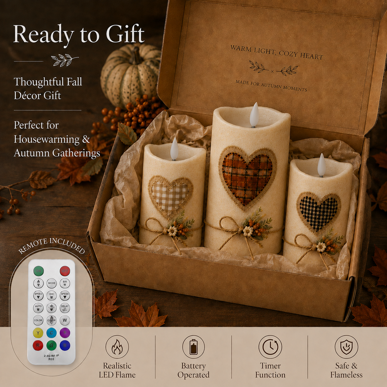 Cozy Harvest Heart LED Candle Trio – Remote-Controlled Autumn Décor-HandPrint