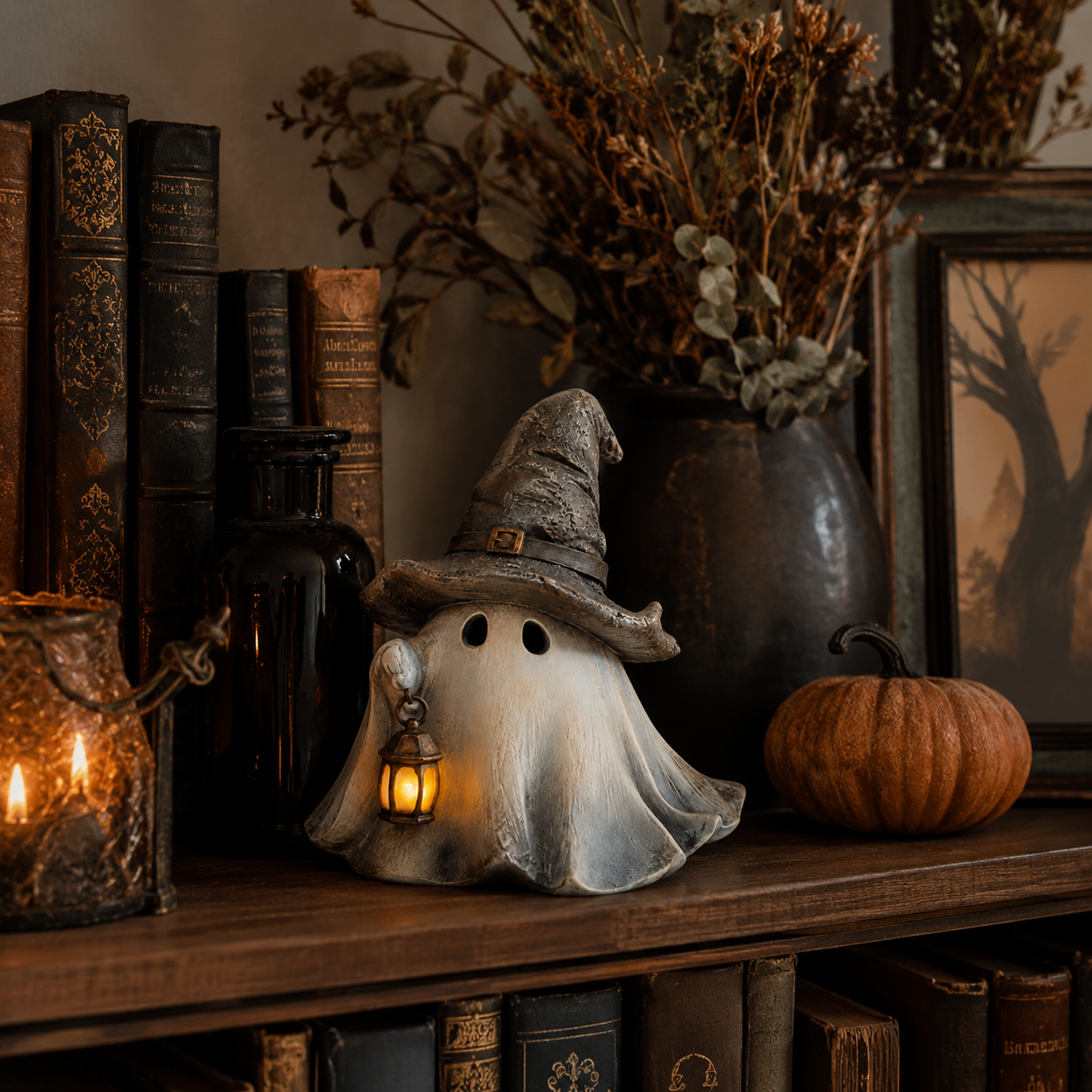 Lighted Witch Hat Ghost Lantern Figurine-HandPrint