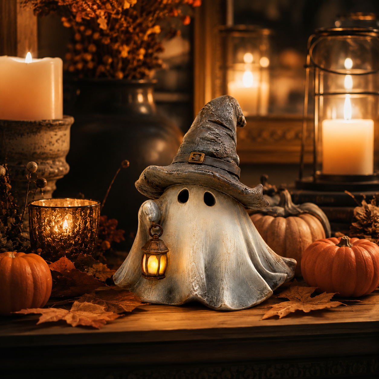 Lighted Witch Hat Ghost Lantern Figurine-HandPrint