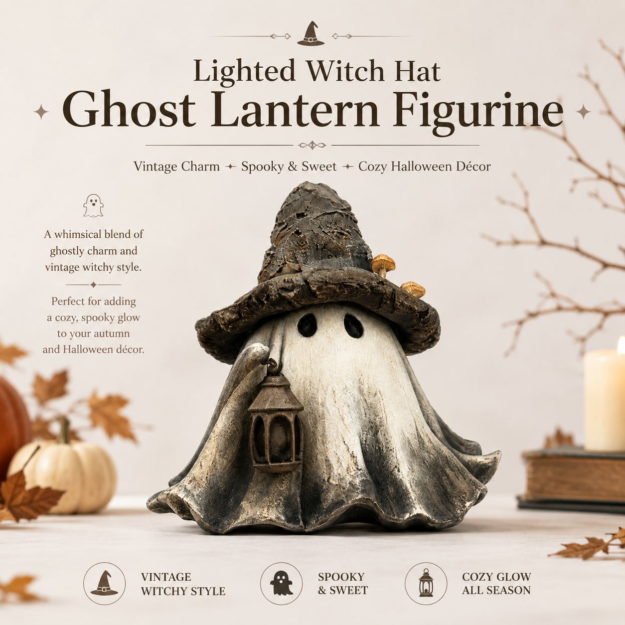 Lighted Witch Hat Ghost Lantern Figurine-HandPrint